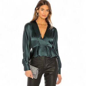 NBD Satin Wrap‎ Peplum Blouse Evergreen Holiday Party Top - Bronson Sz S